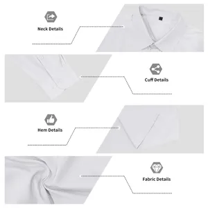 Primer plano de cuello, puño, dobladillo y tejido de la camisa de vestir blanca para hombre.