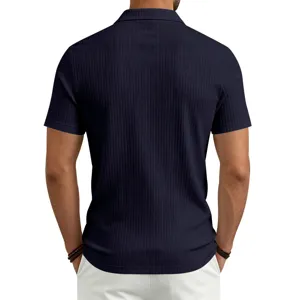 Polo de manga corta acanalado azul marino para hombre, camiseta casual con cuello clásico.