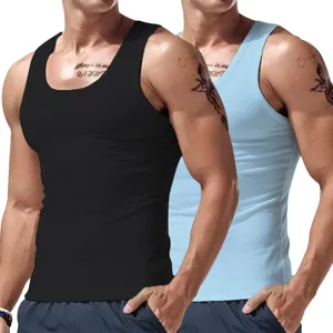 Detail shot of men's slim fit athletic tank top, breathable cotton undershirt for gym and fitness.