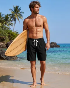 Detailed view of men black casual beach shorts, summer linen blend with drawstring.
