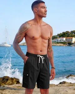 Men's black cotton linen cargo shorts, casual summer beach outdoor drawstring pockets design.