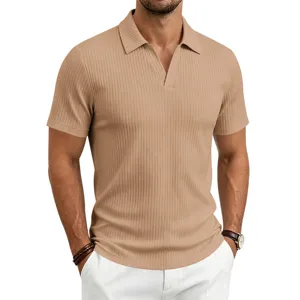 Polo de canalé con cuello en V para hombre casual manga corta verano negocios slim fit