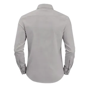 Camisa de hombre manga larga business, tela gris elástica, corte slim, vista trasera.