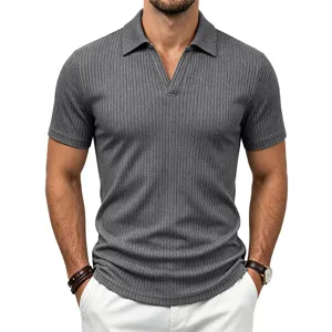Polo de hombre manga corta cuello V de punto acanalado, top de verano casual slim.