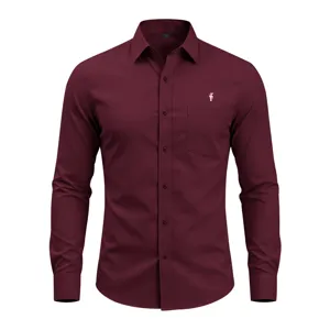 Camisa de manga larga burdeos para hombre, tejido elástico antiarrugas, estilo formal.