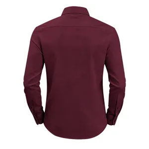 Camisa hombre manga larga burdeos vista trasera slim fit negocio casual ropa top.