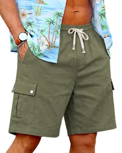 Men's casual olive green cargo shorts detail view, featuring side pockets and a drawstring waist.