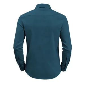 Vista trasera de camisa hombre manga larga azul verdoso, detalle tela elástica oficina.