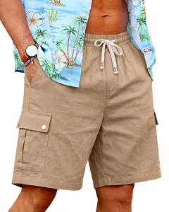 Close-up of men's khaki cargo shorts featuring an elastic drawstring waist and pockets.