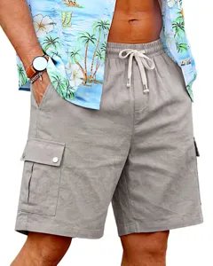 Men's casual linen cargo shorts featuring a drawstring waist and multi-pocket design detail.