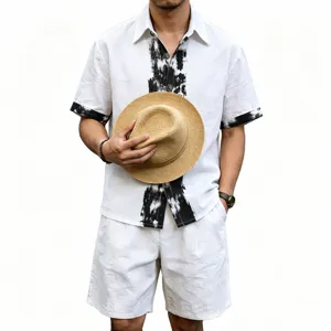 Men's Summer Linen Short Sleeve Shirt and Shorts Two-Piece Set Casual Beachwear Outfit