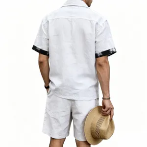 Mens linen short sleeve shirt and shorts set casual summer beach two piece outfit