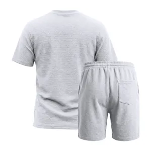 Men summer textured casual short sleeve t-shirt and shorts set comfortable loose fit grey