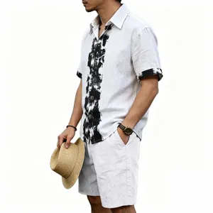 Men summer linen short sleeve shirt and shorts set casual beach two piece outfit