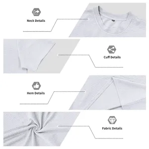 Gros plan des détails du t-shirt homme montrant col, poignet, bas et tissu jacquard texturé.
