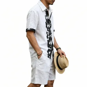 Men summer linen short sleeve shirt and shorts set casual two-piece outfit for beach daily.