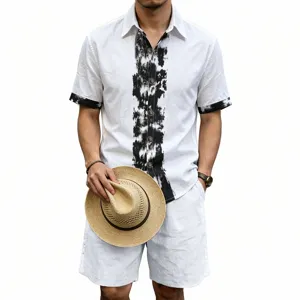 Men summer linen short sleeve shirt and shorts set detail view, tie dye placket design.