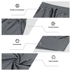 Men's grey athletic mesh shorts featuring breathable fabric, adjustable waistband, and side pockets.
