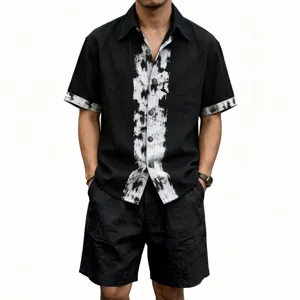 Men Summer Casual Linen Short Sleeve Shirt and Shorts Two Piece Outfit Set Beachwear