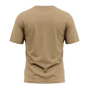 Back view detail of mens khaki short sleeve slim fit solid color casual t-shirt top.
