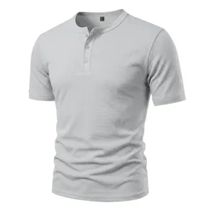 Men's casual short sleeve Henley t-shirt, solid color slim fit design with button placket.