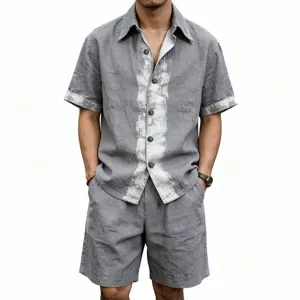 Stylish men summer linen two piece set short sleeve shirt and casual shorts in grey.