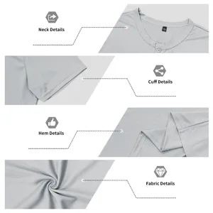 Men's solid color short sleeve Henley t-shirt with button placket and breathable fabric.