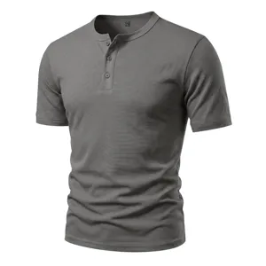 Dark grey short sleeve Henley shirt closeup detail, men casual slim fit knit top.
