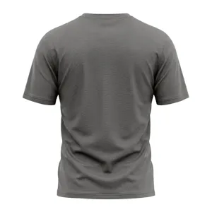 Back view detail of solid gray men's short sleeve t-shirt, casual slim fit fabric texture.