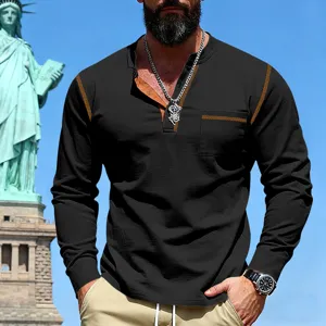 Mens vintage contrast color long sleeve henley t-shirt casual outdoor apparel top new