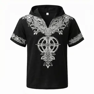Camiseta de manga corta con capucha hombre retro estampado árbol de vida top negro verano
