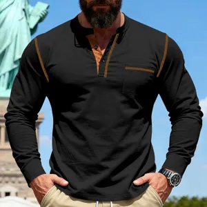 Men's long sleeve henley shirt with contrast stitching and pocket detail in black fabric view