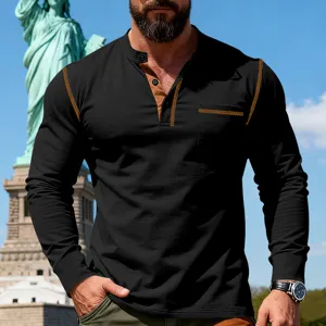 Men's long sleeve Henley t-shirt with contrast stitching, retro casual style, comfortable fit.