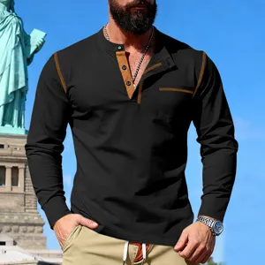 Men's long sleeve black Henley shirt with contrast brown stitching, casual slim top.