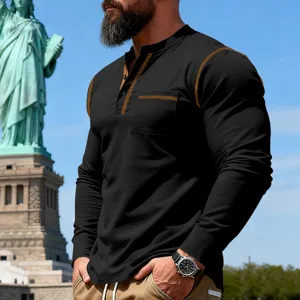 Men's vintage color block long sleeve Henley t-shirt casual outdoor loose fit top.