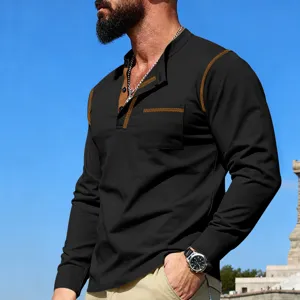 Men's retro contrast stitching long sleeve henley shirt casual outdoor top for autumn
