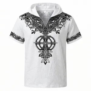 Camiseta de manga corta de lino con capucha para hombre estampado gráfico de árbol de la vida