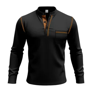 Men's casual long sleeve Henley t-shirt featuring contrast stitching and chest pocket.
