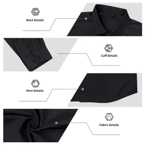 Mens black stretch wrinkle-free long sleeve shirt detail view, business casual daily wear.