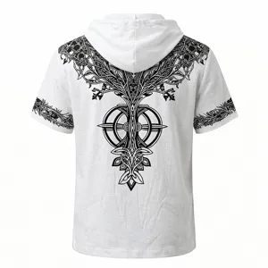 Hombre Vintage Árbol de la Vida Estampado Capucha Manga Corta Lino Camisa Verano Top