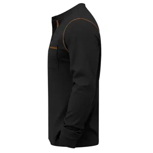 Men's black long sleeve Henley shirt with contrast trim, casual retro style top for autumn.