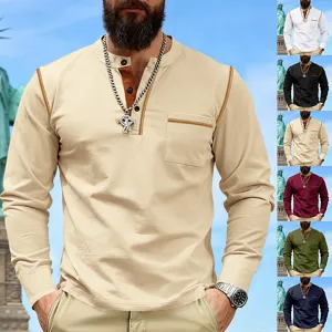 Men's vintage contrast long sleeve henley shirt casual loose outdoor top for autumn spring