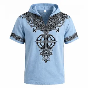 Detalle camisa con capucha manga corta azul hombre, estampado árbol, cómodo