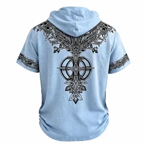 Sudadera vintage azul claro de manga corta para hombre con estampado gráfico de árbol.