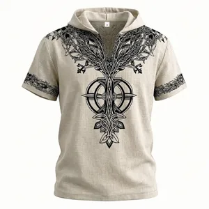 Camisa de lino de verano con capucha para hombre con estampado de árbol de vida vintage.