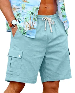 Detail view of men's light blue linen cargo shorts with elastic drawstring waist and side pockets.