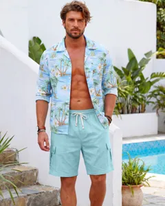 Outdoor casual summer linen cargo shorts detail, stylish tropical shirt match, breathable beach wear.