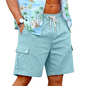 Men's light blue linen cargo shorts, comfortable beach casual summer wear with pockets.
