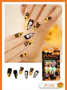Faux ongles Halloween stiletto longs faux ongles décorés avec design squelette citrouille
