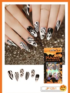Faux ongles Halloween long stylet noir et blanc gothique press on nails kit ensemble
